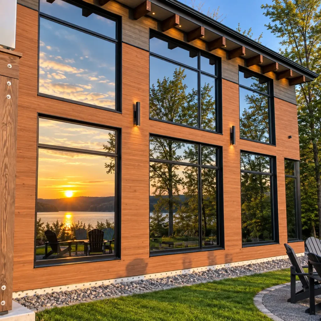 Pellicule solaire à effet miroir sur les fenêtres d'une maison au coucher du soleil