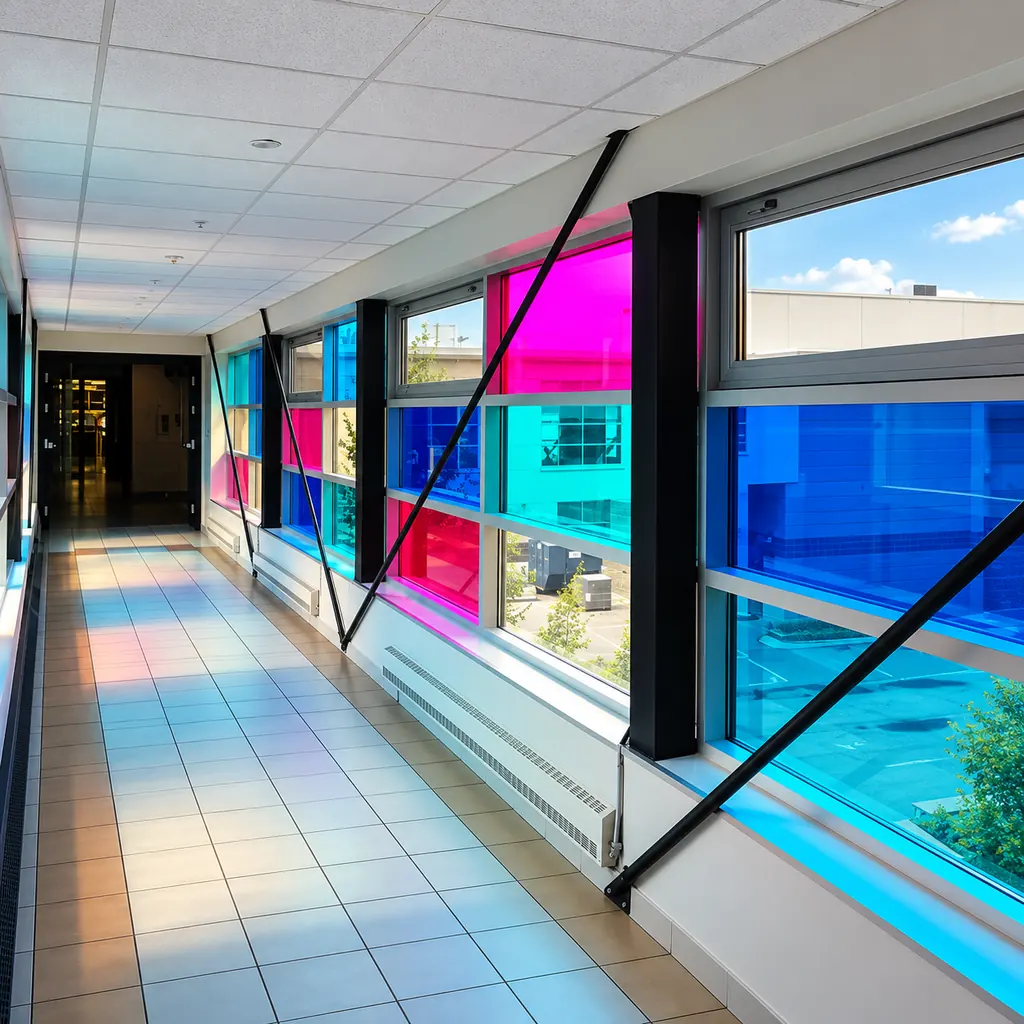 Films décoratifs colorés façon vitraux sur les fenêtres d'un corridor de bureau