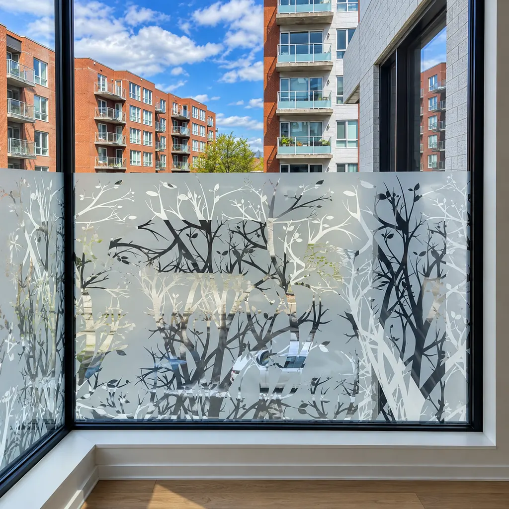 Film givré avec motif d'arbres découpé sur une vitre de condo