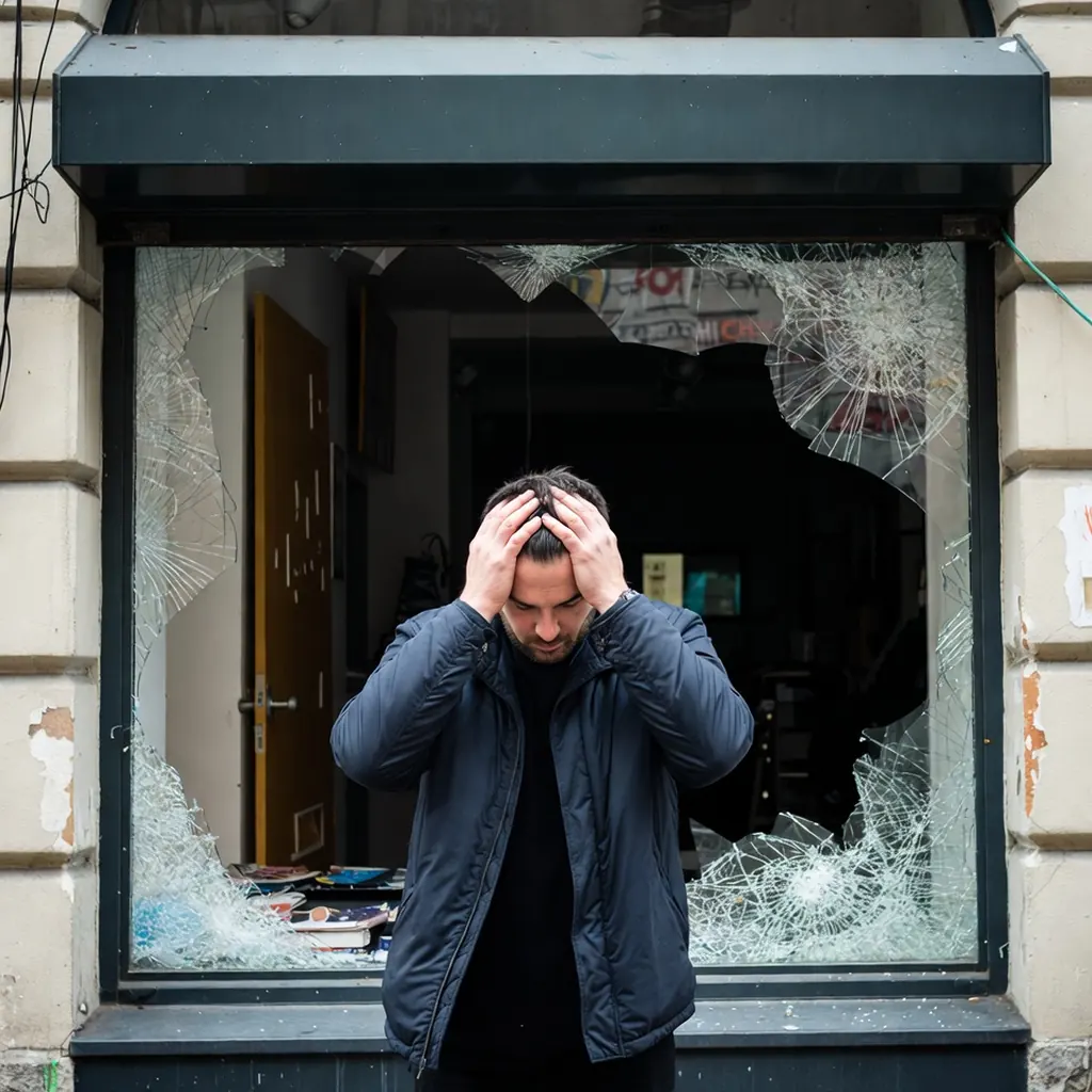homme désespéré devant sa vitrine cassée